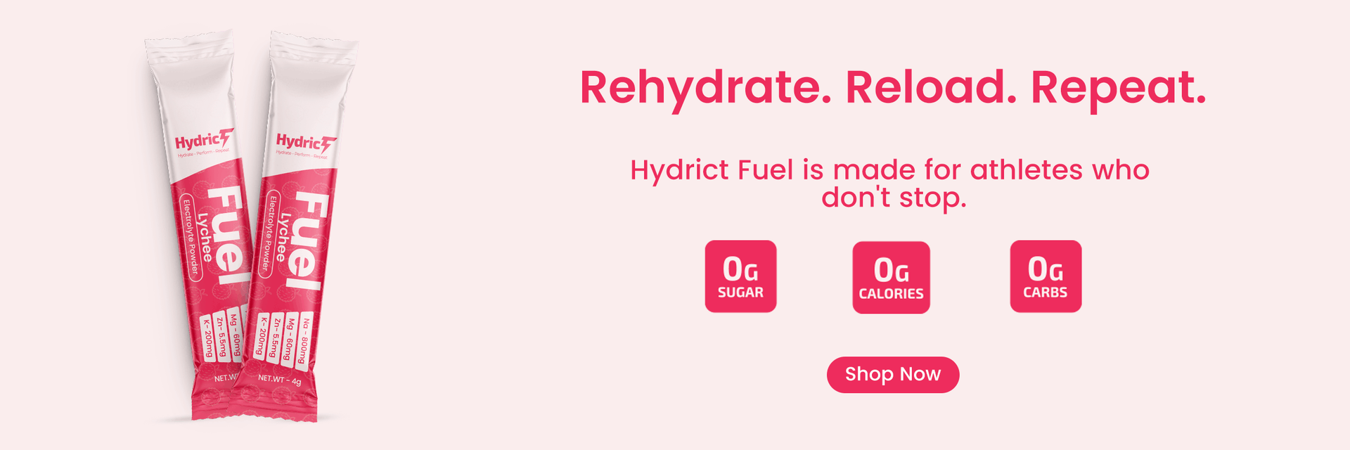 Two lychee mint electrolyes with text 'Rehydrate. Reload. Repeat.' on a white background.